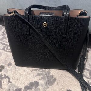 Tory Burch Black Pebbled Leather Tote with Gold Logo